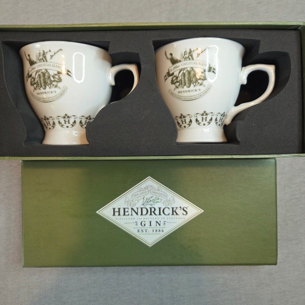 Hendricks Gin Tea Cup Set of 2 White Porcelain Barware with Original Box
